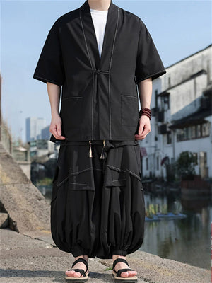Oriental Style Cardigan Top and Wide Leg Pleated Pants Set for Men