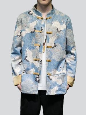 Chinese Fan Crane Printed Faux Suede Jackets for Men