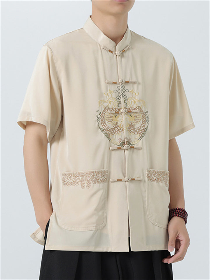 Men's Summer Cool Loong Embroidery Button Up TangSuit Shirt