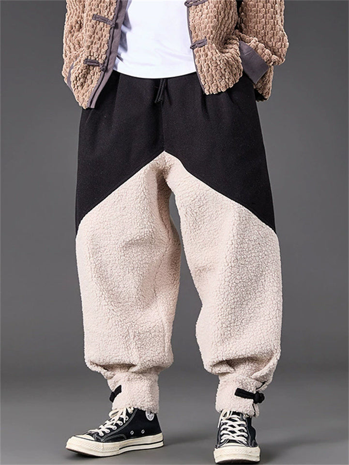 Winter Contrast Color Fleece Elastic Waist Wide Leg Jogger Pants for Men