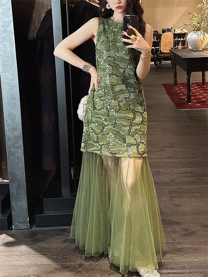 Women's Chinese Style Elegant Bling Texture Mesh Patchwork Dress