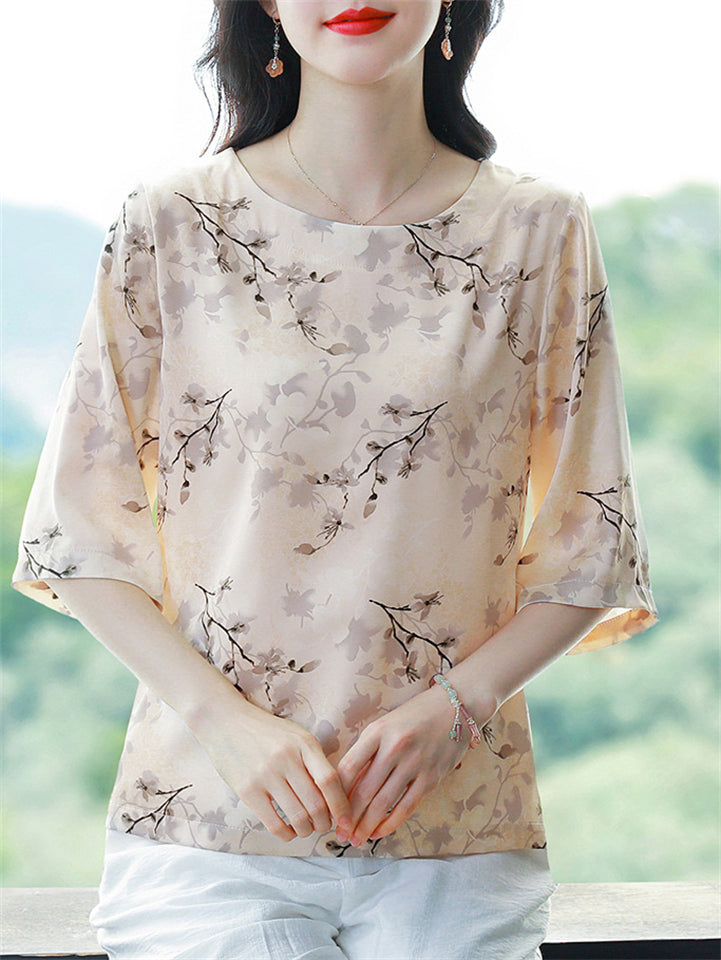 Comfy Elegant Summer Light Colored Flower Print Half Sleeve Shirt For Women