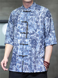 Men's Summer Retro Cotton Linen Print Short Sleeve Tang Suit Shirts