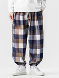 Japanese Style Autumn Plaid Drawstring Loose Jogger Pants for Men