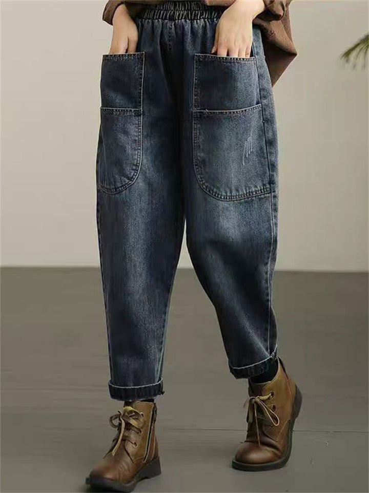 Women's Casual Solid Color Pockets Harem Denim Jeans