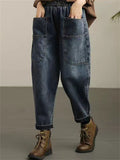 Women's Casual Solid Color Pockets Harem Denim Jeans