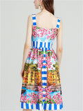 Women's Summer Holiday Style Print Strappy Midi Dress