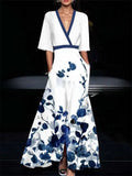 Women's Elegant Contrast Color Floral Printed Half Sleeve Maxi Dress