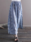 Women's Summer Blue Ethnic Style Printed Elastic Waist Wide Leg Pants
