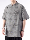 Summer Men's Slant Placket Bamboo Print Short Sleeve Shirts