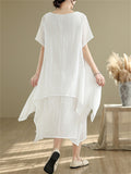 Women's Casual Solid Color Round Neck Double-layer Big Hem Midi Dress