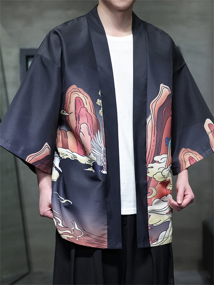 Chinese Vintage Zen Clothing Chinoiserie Print Cardigan Shirt for Men