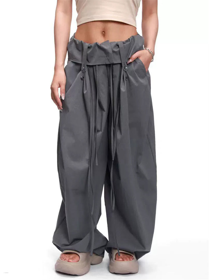 Women's Trendy Summer Solid Color Ruffled Waist  Wide Leg Pants