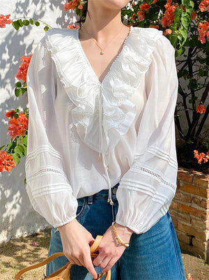French Style Women's Ruffled V-Neck Tencel Long Sleeve Shirt