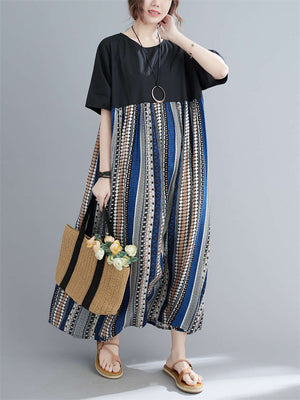 Bohemian Style Contrast Color Stripes Female Round Neck Oversized Dress