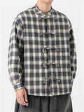 Chinese Style Cotton Plaid Stand Collar Long Sleeve Shirts for Men