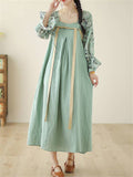 Chinese Style Vintage Print Patchwork Long Sleeve Dress for Women