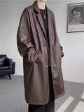 Retro Solid Color Suit Collar Mid Long Trench Jacket for Men