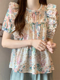 Women's Summer Sweet Style Floral Printed Puffed Sleeve Shirts