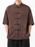 Men's Texture Print Stand Collar Half Sleeve Tang Suit Shirts