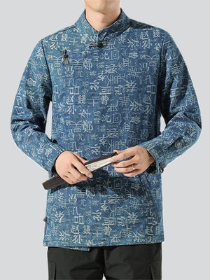 Trendy Chinese Surnames Print Blue Denim Tang Suit Jacket for Men