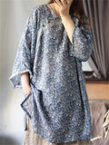 Women's Vintage Loose Ramine Blue Floral Print 3/4 Sleeve Shirts