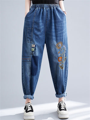 Women's Thin Elastic Waist Patchwork Floral Jeans