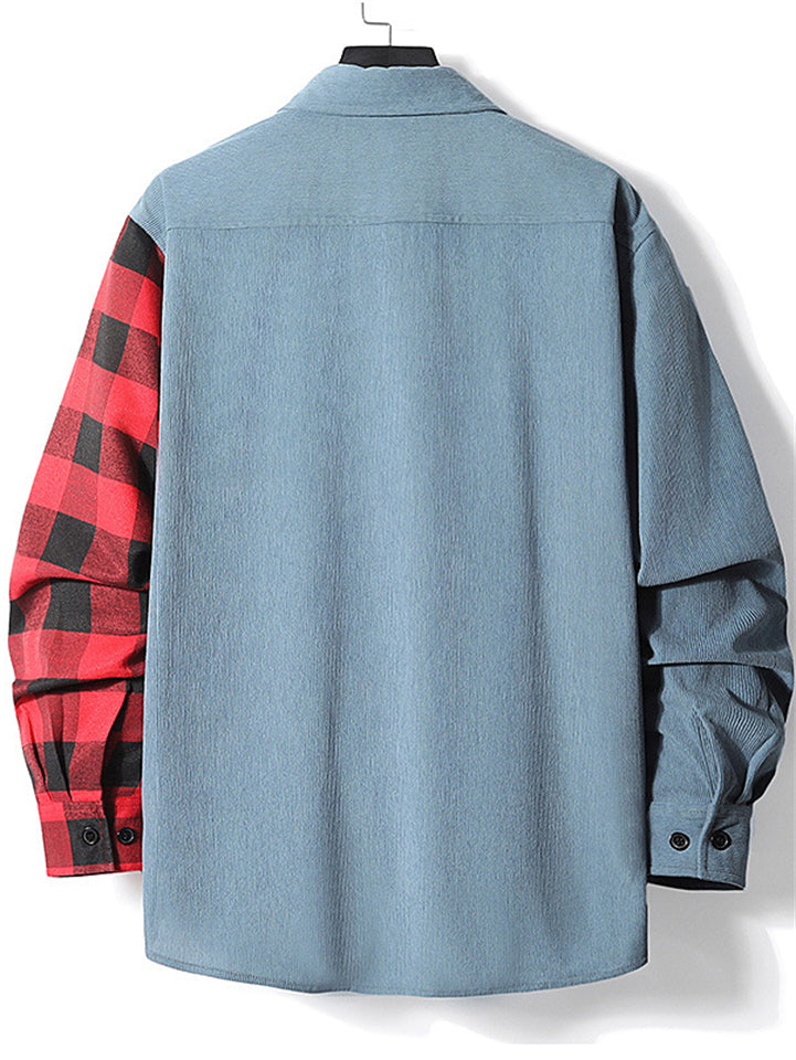 Men's Trendy Corduroy Plaid Patchwork Lapel Long Sleeve Shirt