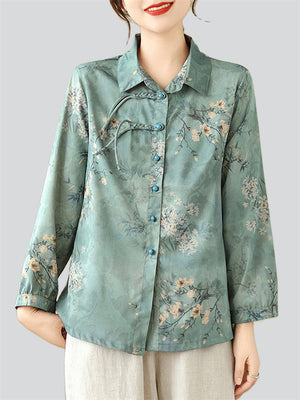 Blooming Flowers Print Women's Chinese Style Lapel Shirts