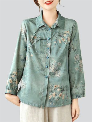 Blooming Flowers Print Women's Chinese Style Lapel Shirts