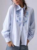 Women's French Style Embroidery Blue Stripe Shirts