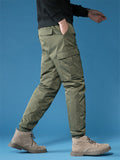 Mens Padded Down Cargo Joggers Drawstring Winter Work Pants