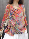 Women's Flowers Print Slant Placket 3/4 Sleeve Shirts