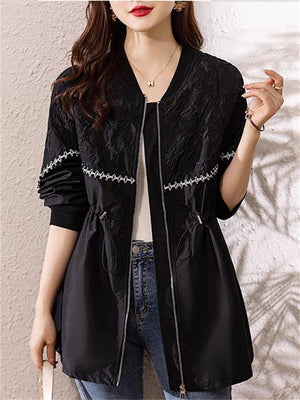 Women's Black Long Sleeve Texture Cinch-Waist Jacket
