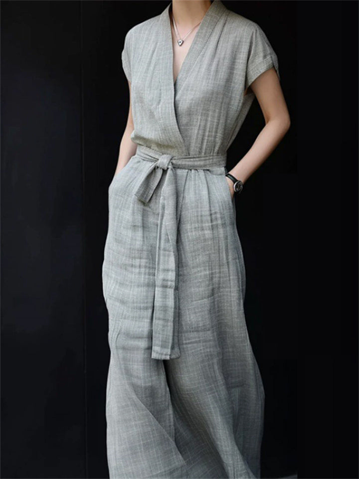 Women's V-Neck Linen Short Sleeve Maxi Tie Waist Dress