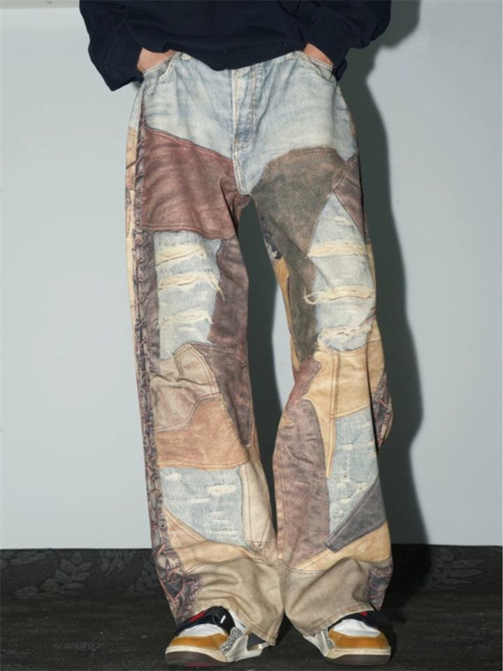 Men's Vintage Contrast Color Printed Straight Wide Leg Jeans