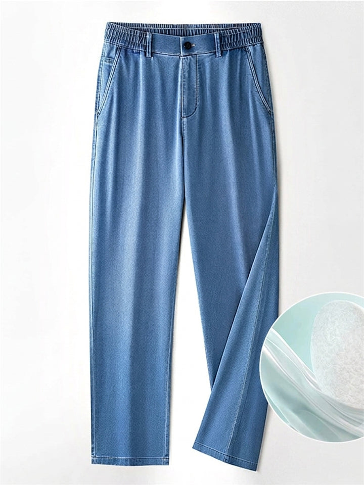 Mens Summer Elastic Waist Tencel Lightweight Straight Denim Jeans
