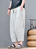 Men Striped Cotton Linen Baggy Wide Leg Cropped Harem Pants