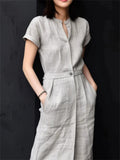 Women's O-Neck Gray Linen Short Sleeve Maxi Dress with Pockets