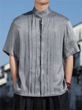 Men's Chinese Style Stand Collar Pleated Short Sleeve Shirts