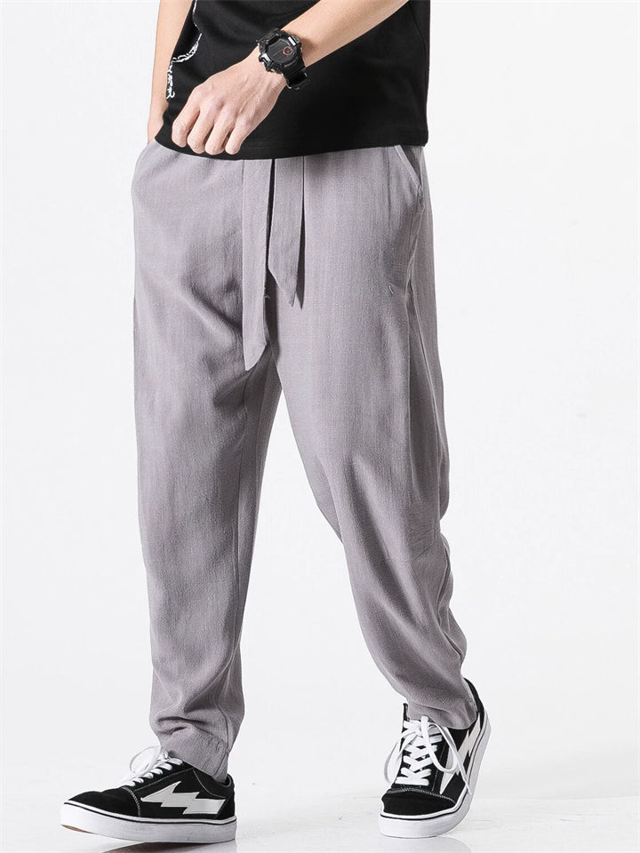 Men's Zen Style Linen Cotton Pants with Front Tie Belt
