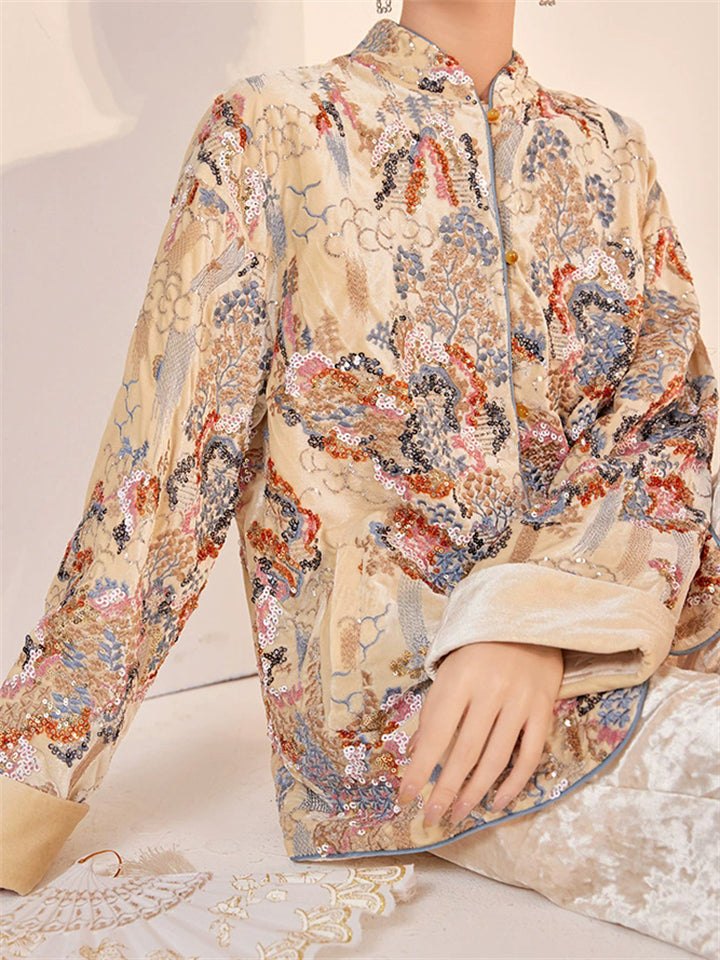 Oriental Embroidery Button Pocket Sequin Women's Jackets Stand Collar