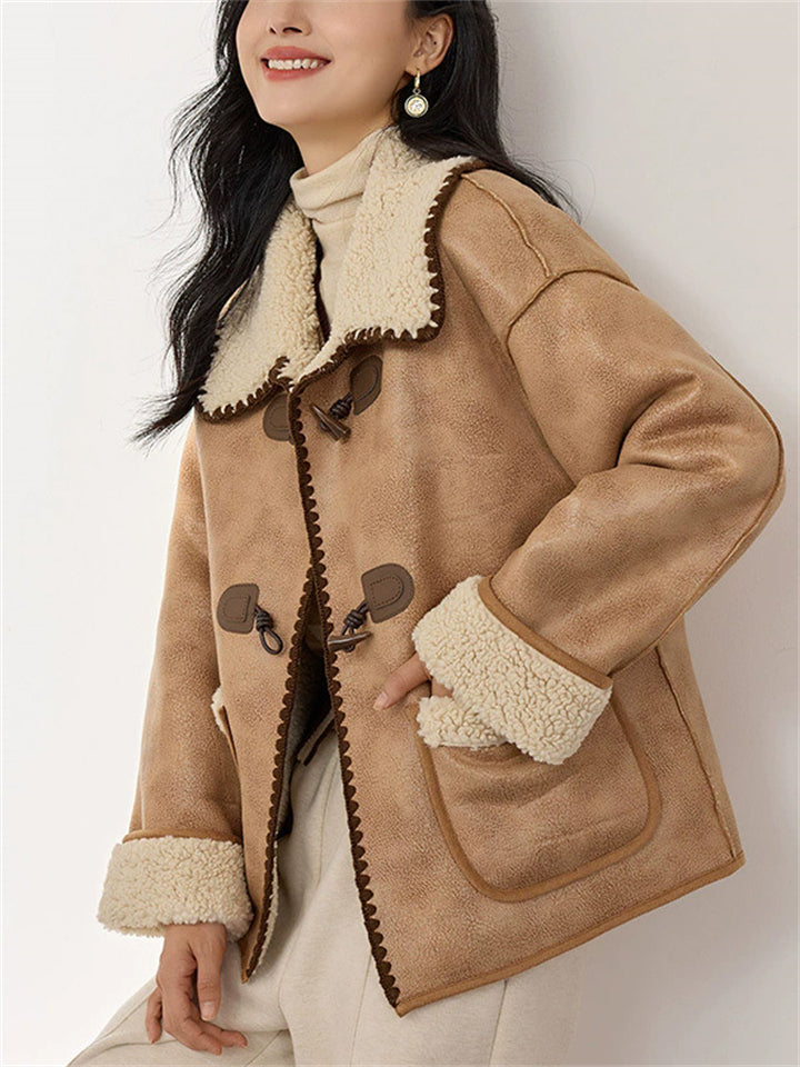 Women's Winter Vintage Contrast Color Faux Leather Lapel Long Sleeve Coats