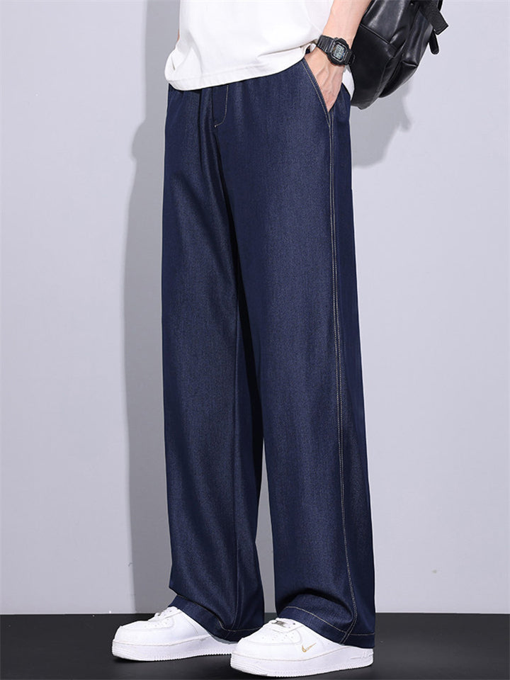 Men's Ice Silk Soft Wide Leg Relaxed Fit Elastic Waist Denim Jeans