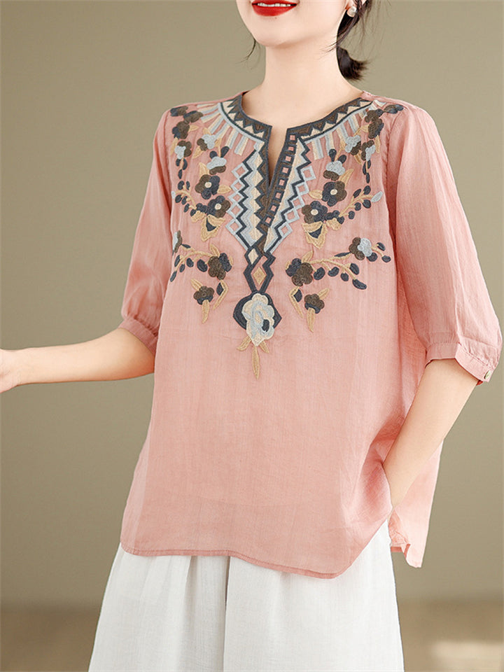 Loose Women's V-Neck Ethnic Style Embroidered Shirts
