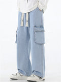 Mens American Style  Wide Leg Cargo Jeans with Utility Pockets