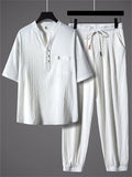 Men's 2Pcs Summer Comfy Frog Button V Neck Solid Color Outfits