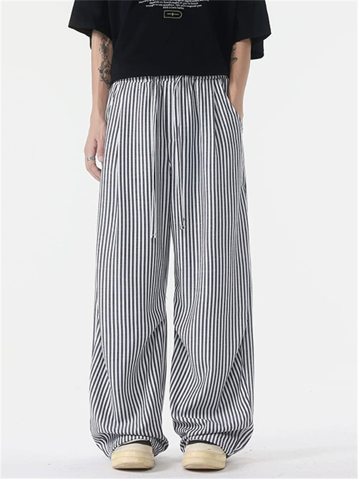 Mens Elastic Waist Striped Baggy Wide Leg Streetwear Pants
