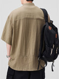Men's Casual Stand Collar Solid Color Texture Short Sleeve Shirts