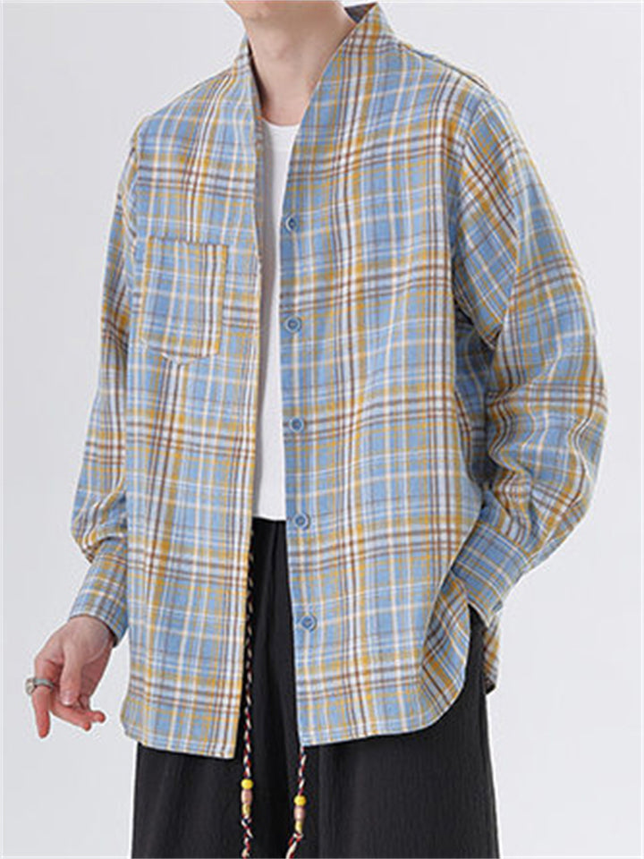 Men's Japanese Style Causal Collarless Loose Long Sleeve Plaid Shirts